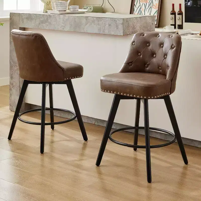Modern Counter Height Swivel Bar Stools with Upholstered, Wood Legs & Footrest for Kitchen Island Dining Room Home Barm