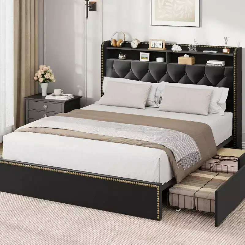 Acekool Upholstered Platform Bed Frame with 2-Tier Storage Headboard and 4 Drawers, Black Velvet
