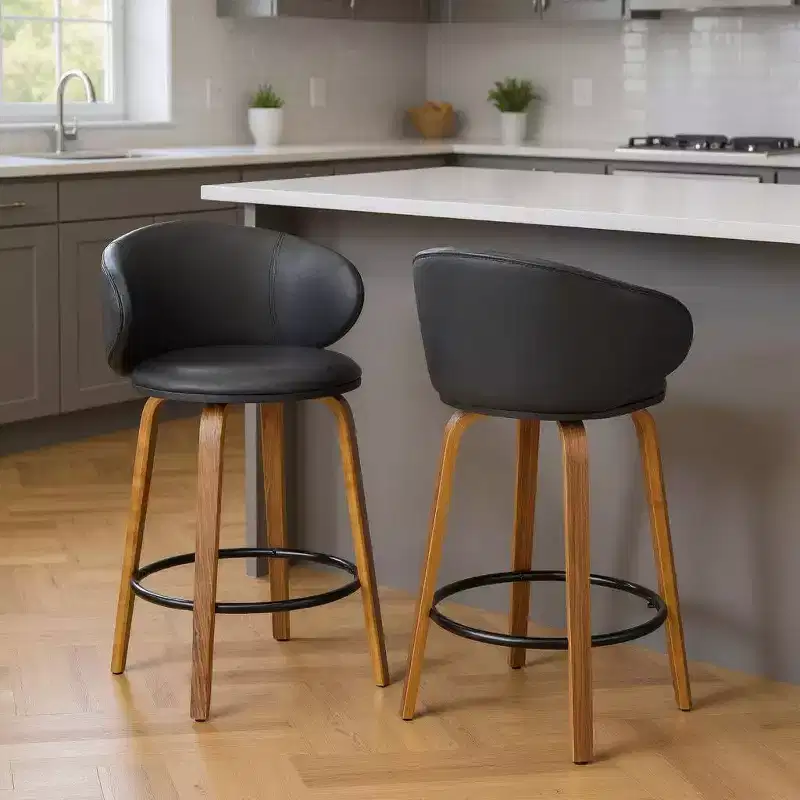 HomeRoots Set of Two 26 Black and Brown Faux Leather and Solid Wood Low Back Counter Height Bar Chairs