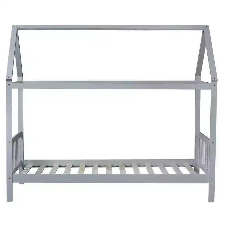 MAYEERTY Twin Rubber Wood Bed with House Frame Gray