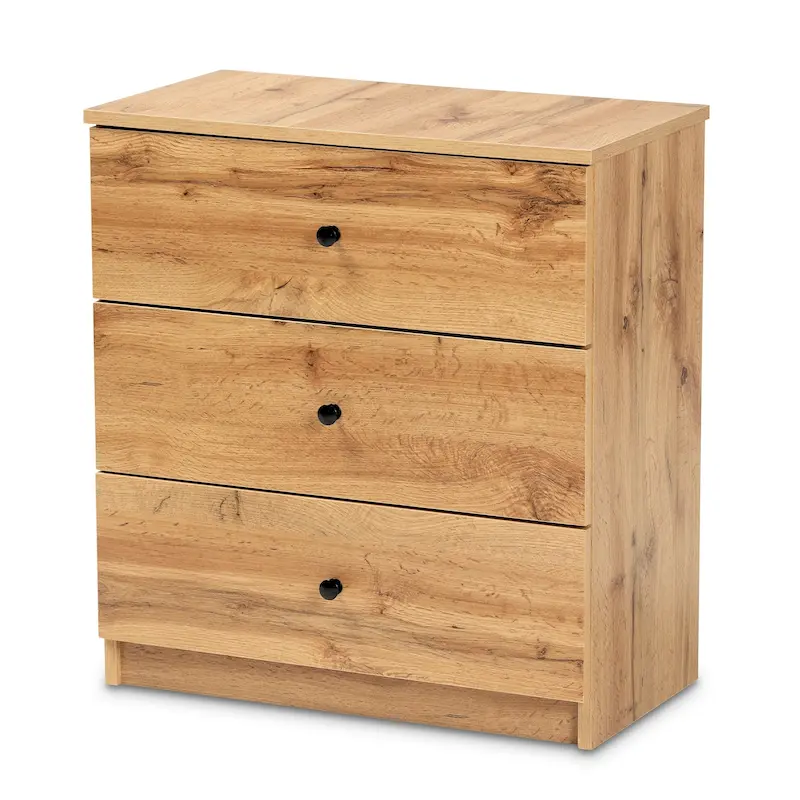 Modern Oak Brown Finished Wood 3-Drawer Storage Chest
