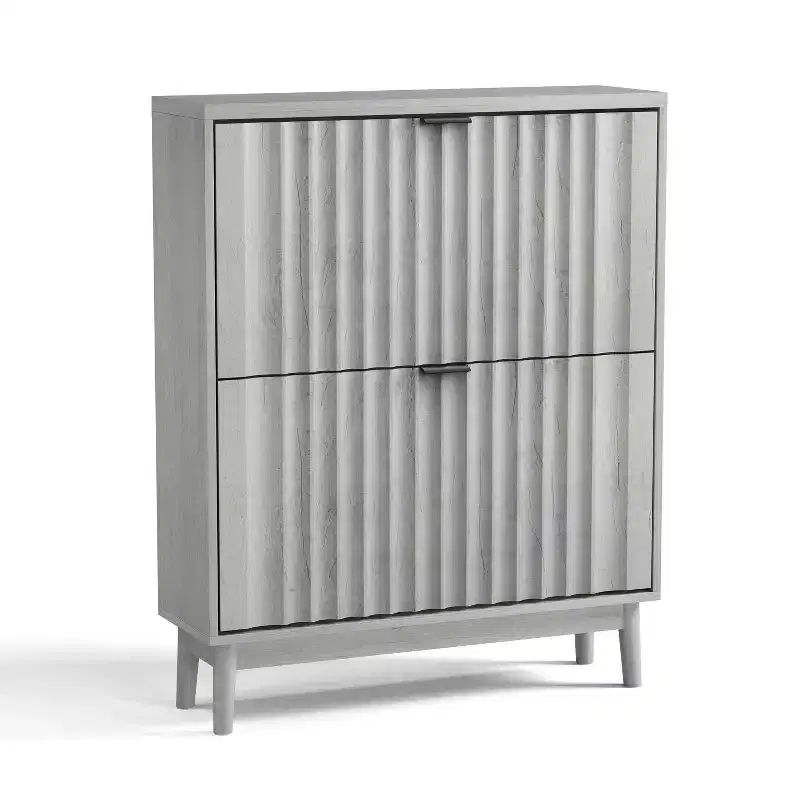 Shoe Cabinet With Wave Doors, Shoe Cabinet For Entryway, Modern Shoe Rack Organizer With 2 Flip Drawers For Hallway, Closet, Entrance, Closet, Grey