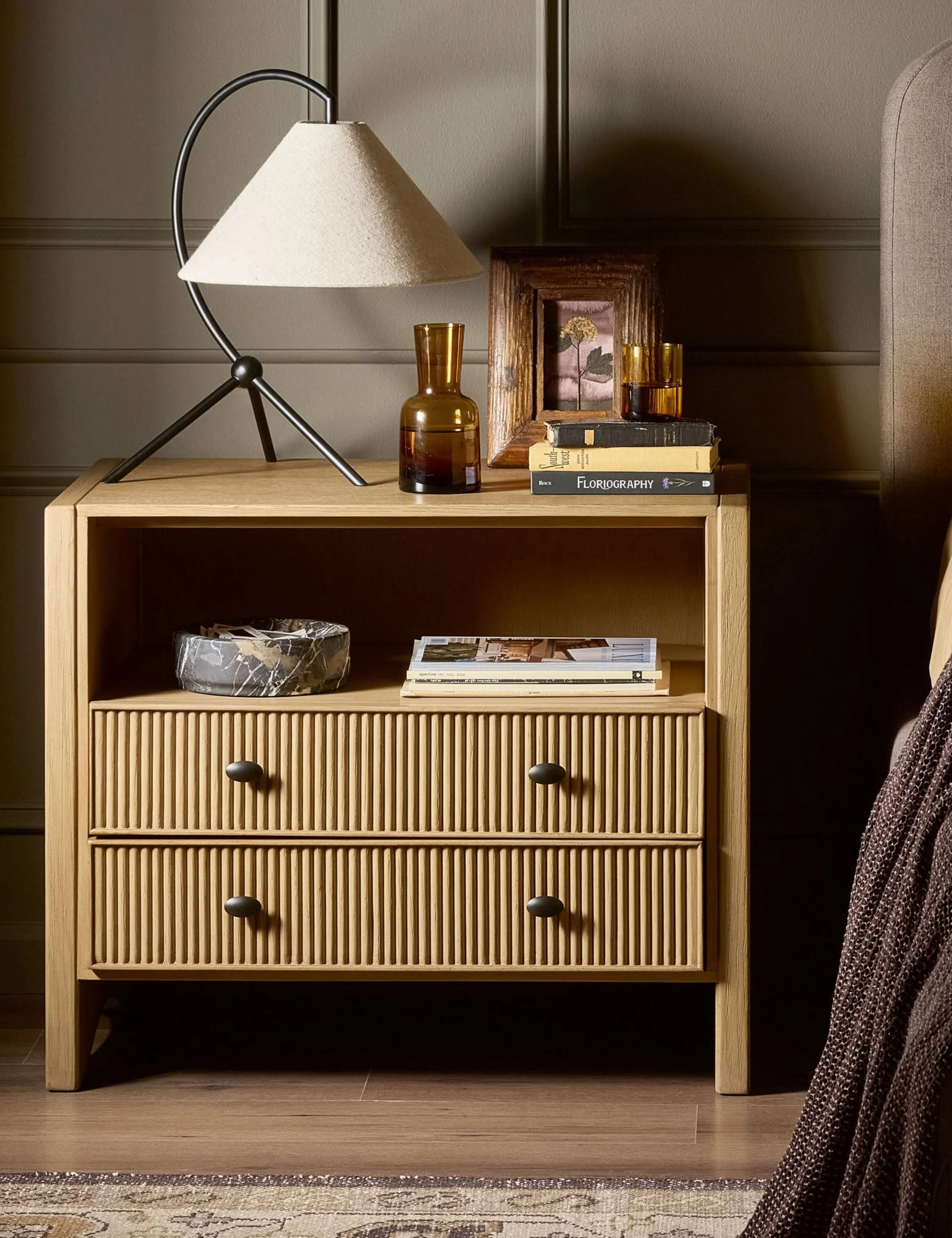 Nightstand - Scalloped reeding and softly arched details bring a tailored charm