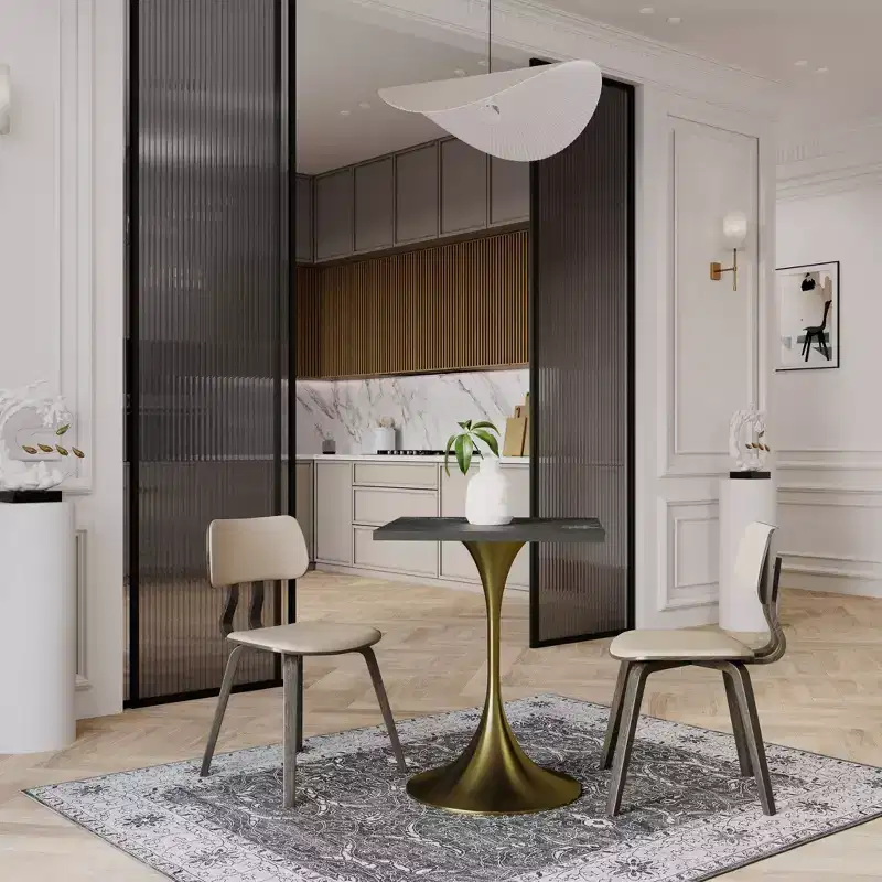LeisureMod Verve 24 Sqaure Dining Table - Modern MDF Top with Brushed Gold Pedestal Base Accent Cafe Table for Kitchen, Home, and Cafes
