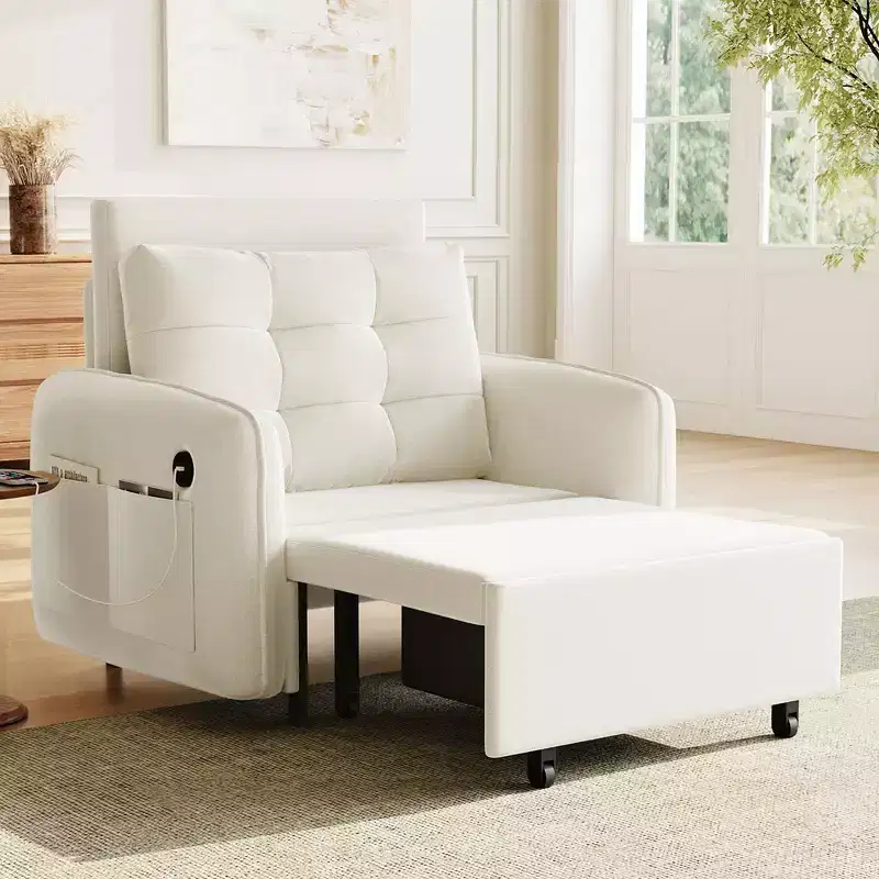 Whisen 3-in-1 Sleeper Chair Bed, 80 Extra Long Pull Out Sleeping Lounge, Chenille Single Sofa Bed with Storage Pockets