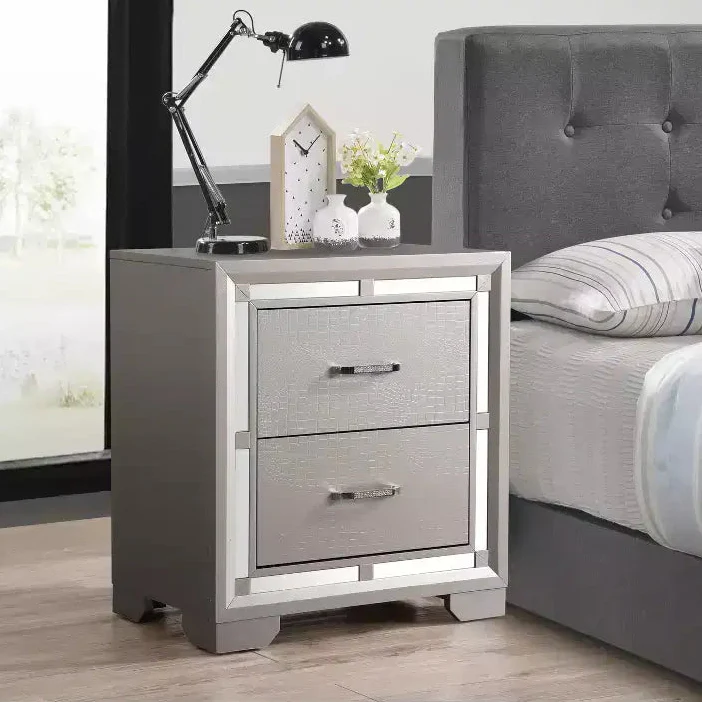 28in H x 25in W Square Silver 2-Drawer Metal Nightstand for Bedroom & Living Room