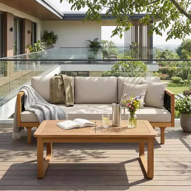 Christopher Knight Home Marsh Patio Modern Acacia Wood 2-Piece Seating Set with Rope 3-Seater Sofa and Coffee Table