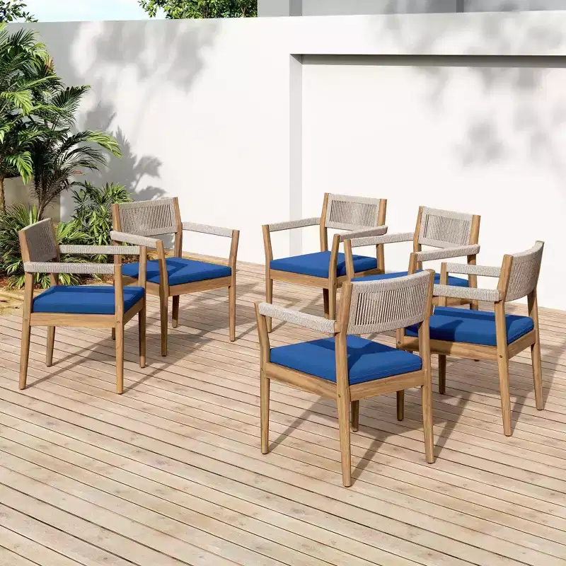 NAYSAYE Patio Dining Sets Braided Acacia Wood Dining Chairs with Cushions and Armrests for Garden Poolside, Navy and Beige, 23.25*21.5*32.25