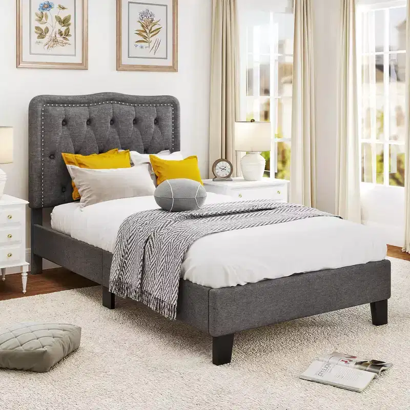 Twin Size Bed Frame with 46 Tall Button Tufted Headboard Wooden Slats Support