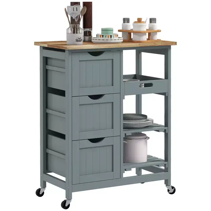 FAMYYT Gray Rubber Wood Top 14.5 in. Kitchen Island with 3-Drawers, 1 Serving Tray and 2 Slatted Shelves