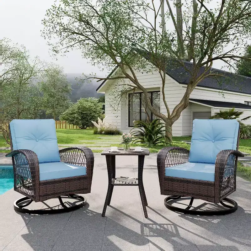 3 Pieces Outdoor Swivel Patio Rocking Chairs, Outdoor Wicker Patio Furniture, 2 Glider Chairs & Side Table, for Backyard, Garden, Balcony, Deck