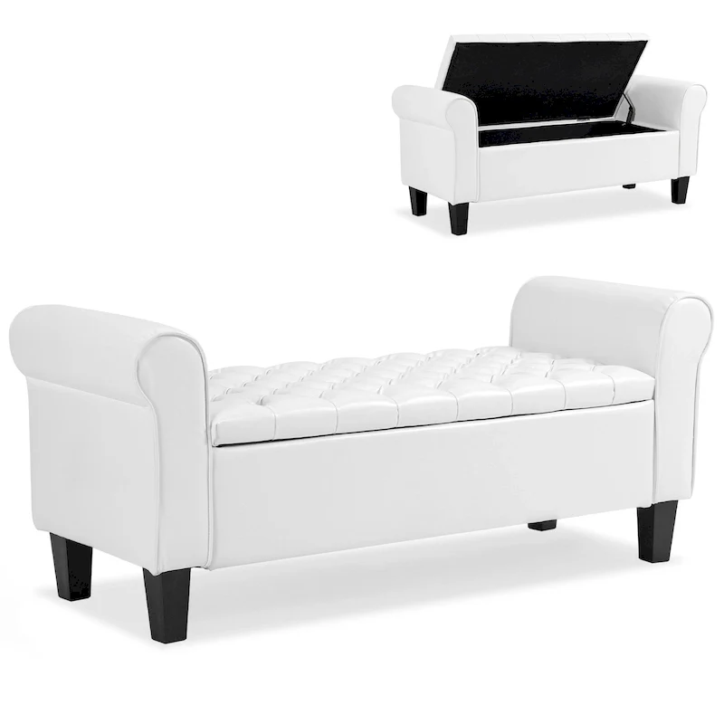 Leather Upholstered Storage Ottoman Bench with Arms | Entryway or Bedroom