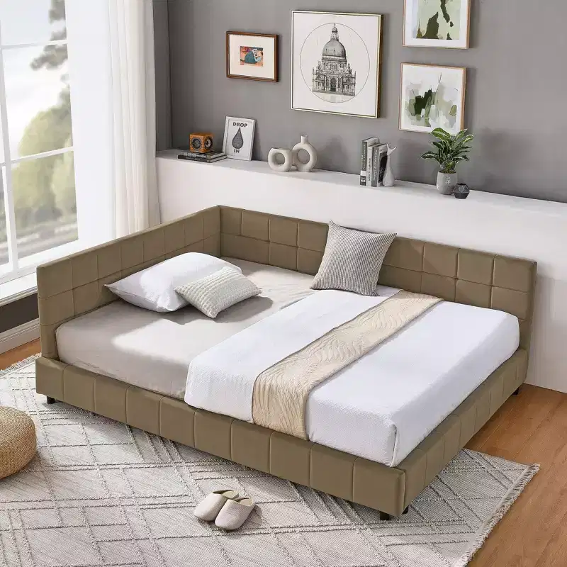 Full Size Upholstered Tufted Daybed Frame with Backrest and Armrests, Brown
