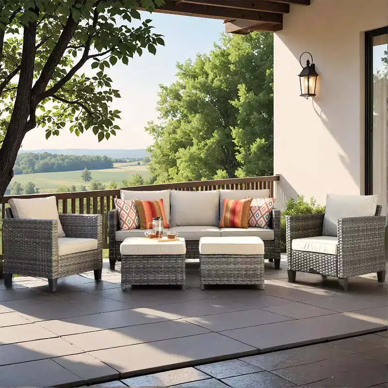 HOMLUX Outdoor Sectional Sofa Set, 5 Pieces Modular Outdoor Wicker Sofa Set with Ottomans, All-Weather Design