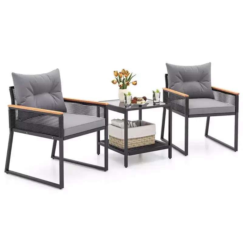 Costway 3 PCS Outdoor Conversation Set with 2-Layer Side Table Acacia Wood Armrests