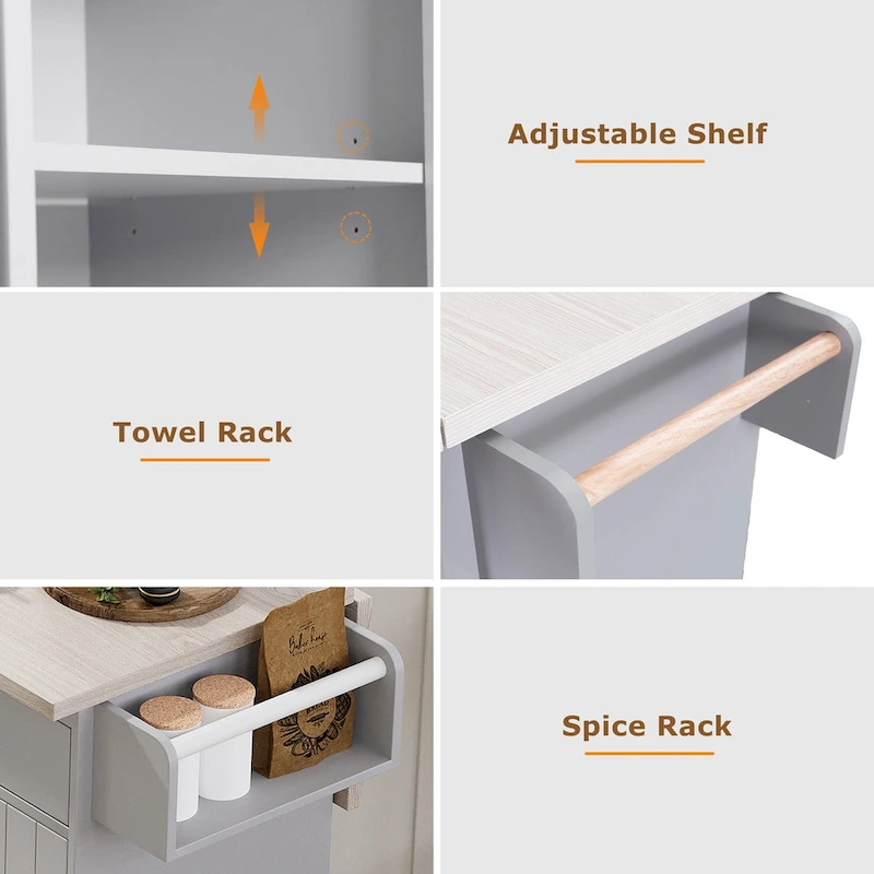 51 in. W Rolling Kitchen Island Cart with Drop Leaf and Tilt-out Trash Can