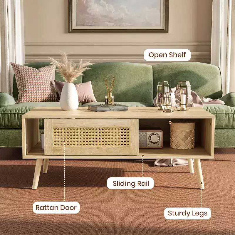 Boho Wood Coffee Table with Sliding Rattan Doors and Storage Shelf, Mid Century Center Table with Hidden Compartments for Living Room Bedroom