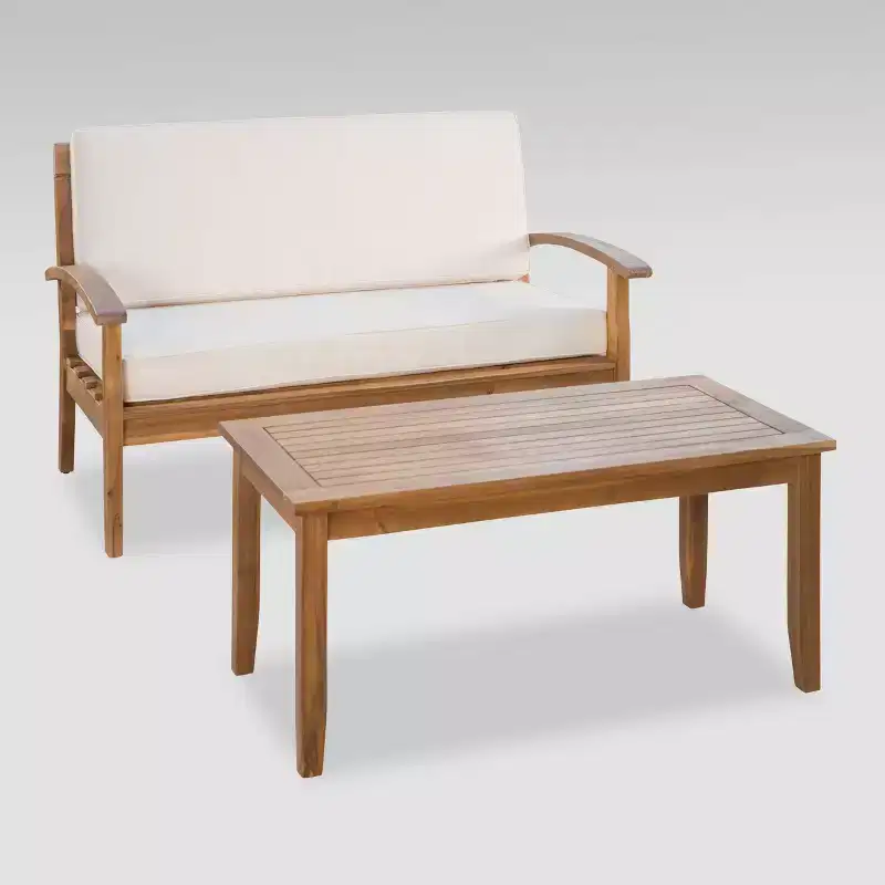 Peyton 2pc Acacia Wood Loveseat and Coffee Table Set - Teak/Beige - Christopher Knight Home