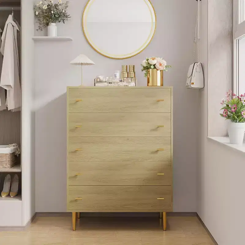 5 Drawers Dresser for Bedroom, 44 Tall Wood Rustic Chest of Drawers with Bar Handles, Vintage Design, Storage Dressers Organizer for Bedroom
