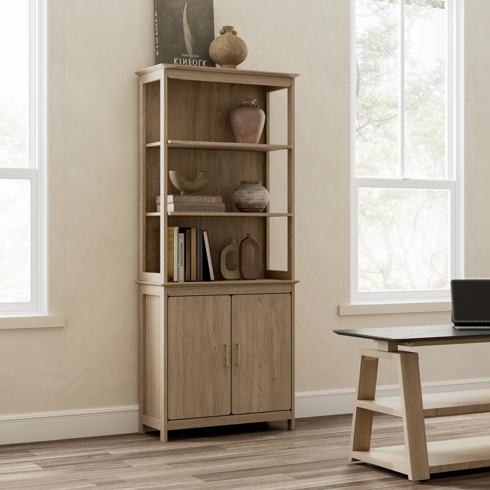 71'' Display Bookshelf with Storage Cabinet, Oak