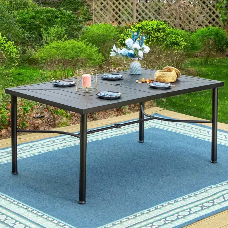 7pc Outdoor Dining Set with Aluminum Chairs & Large Rectangle Metal Table with Umbrella Hole - Gray - Captiva Designs