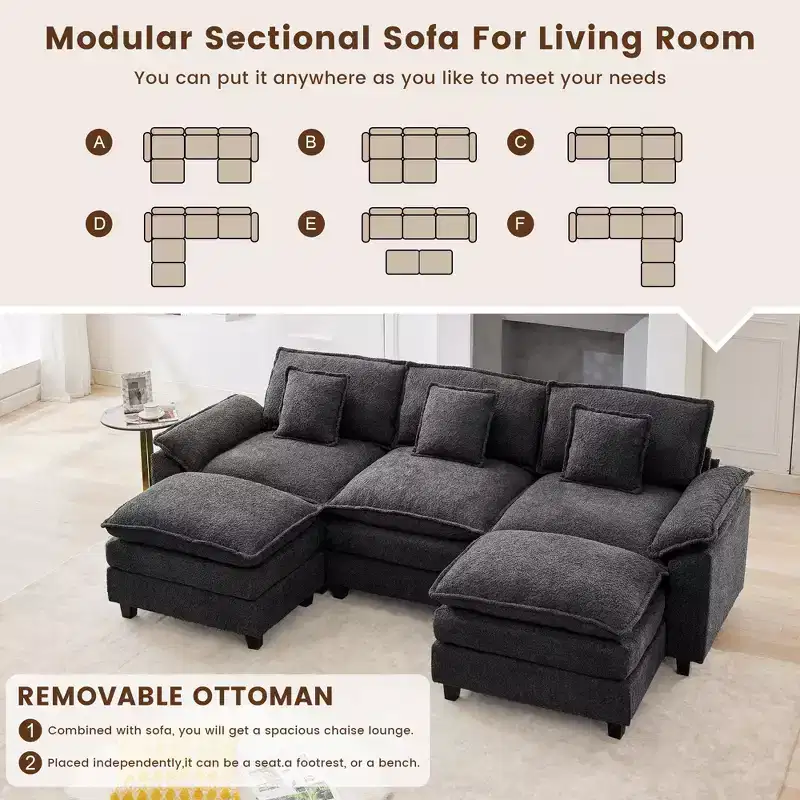 Likepay 105.9 in. Chenille Fabric 5 seat Sectional Sofa with 2 Ottomans