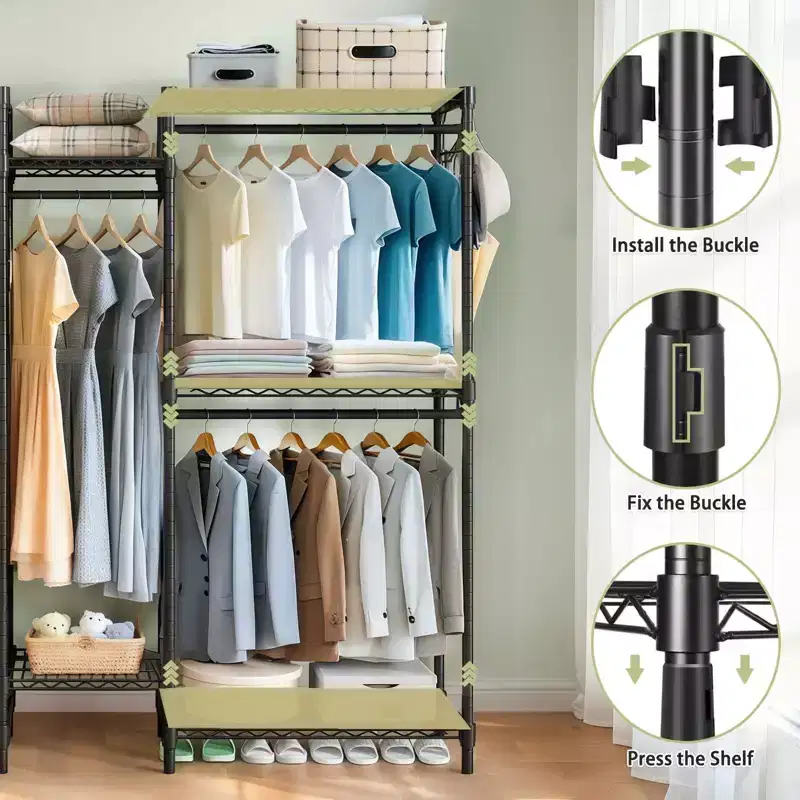 Heavy Duty Freestanding Coat Rack with 8 Adjustable Wire Shelving, Hall Tree with 5 Clothes Rails, Storage Rack for Bedroom, Black
