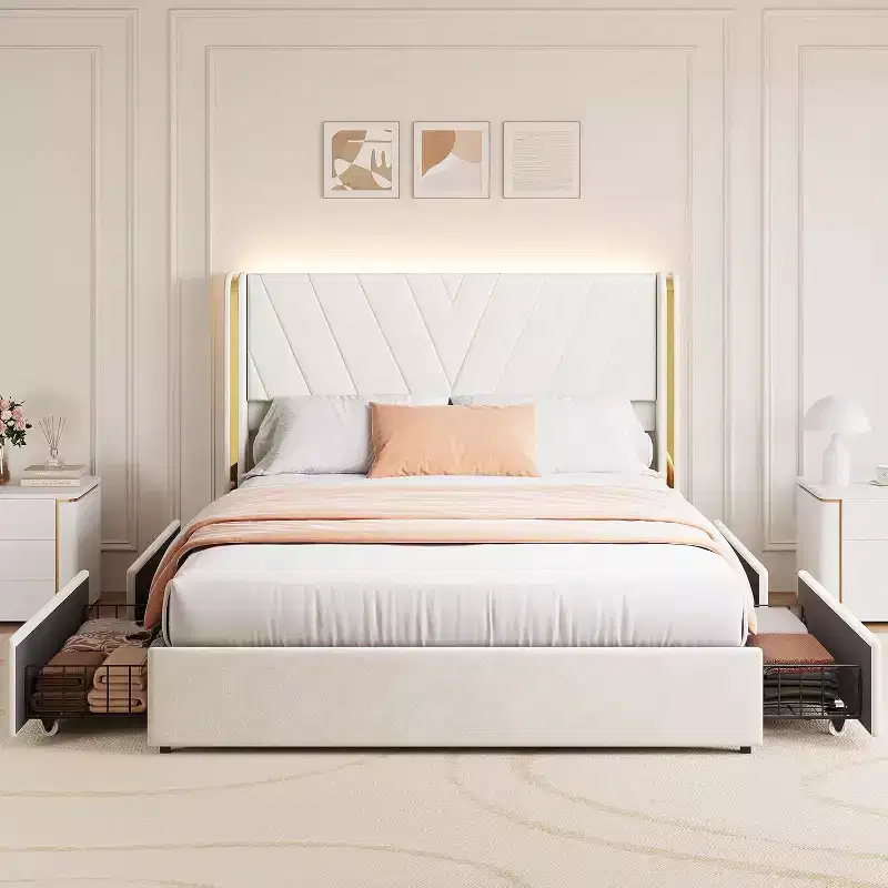Acekool Queen Bed - LED Lights & Storage Drawers
