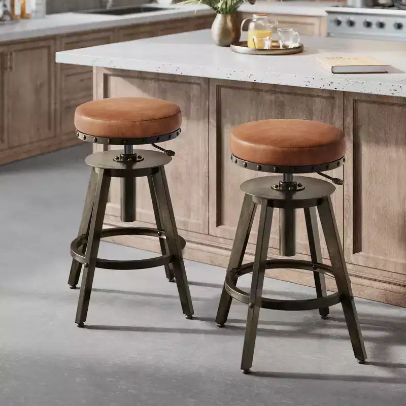 Set of 2 Steampunk Bar Stools with Adjustable Height and Swivel Seat, 24.6-29.3 Inch Counter Stools with Footrest, Vintage Industrial Style