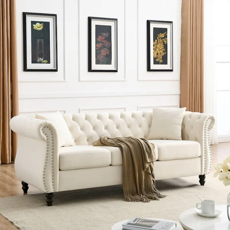Beige Velvet Chesterfield 3-Seat Sofa, Rolled Arms, Nailhead Trim, Wood Frame