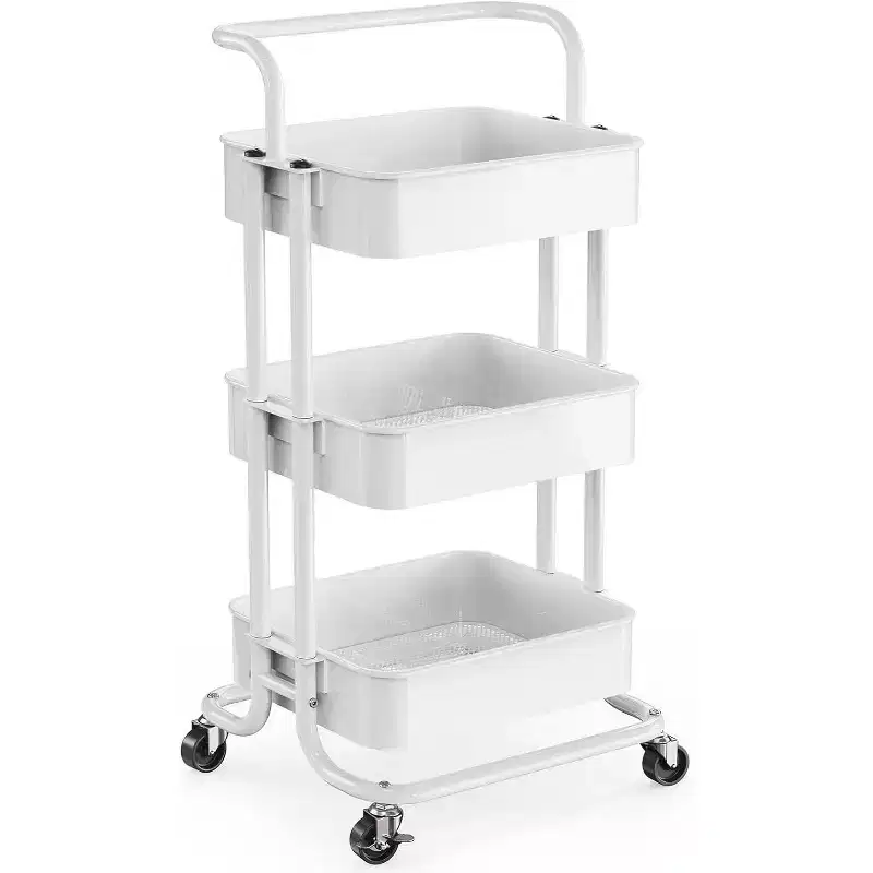 3-Tier Mesh Utility Cart - Rolling Metal Storage Cart with Handle & Lockable Wheels for Kitchen, Living Room & Office, White