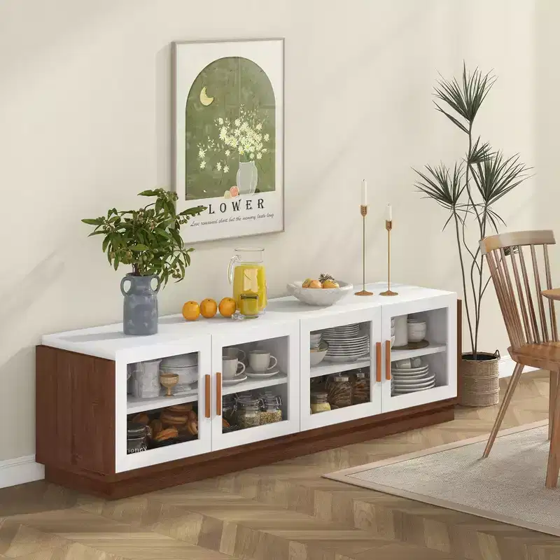 Costway Large TV Stand for TVs up to 75 Console Table w/ 4 Tempered Glass Doors