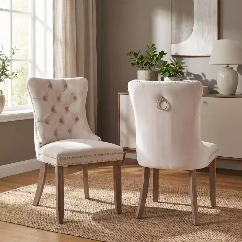 FurnitureR Set of 2 Upholstered Dining Chairs with Tufted Back, Nailhead Trim & Wooden Legs, French Cream Accent Chairs for Dining Room Living Room