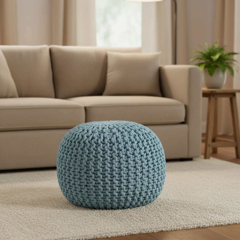 Cotton Hand-Knitted Round Pouf Ottoman Sage Green 20