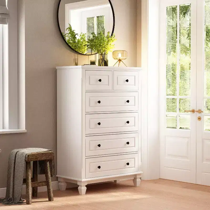 Hitow White Classic 6 Drawer Dresser with Sturdy Legs and Metal Handles