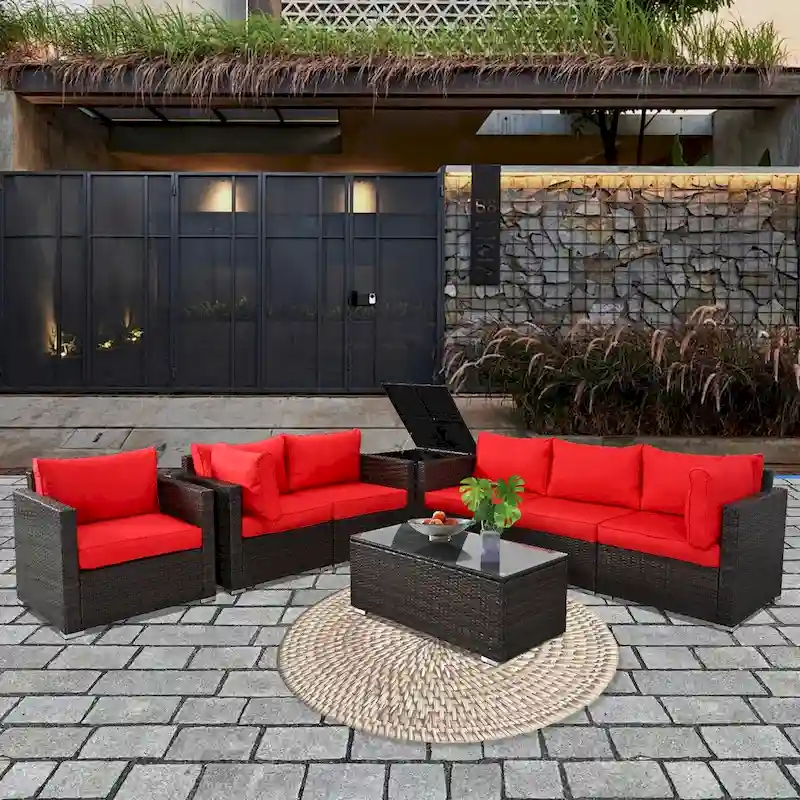 8-Pieces Brown Wicker Outdoor Sectional Set with Glass Coffee Table