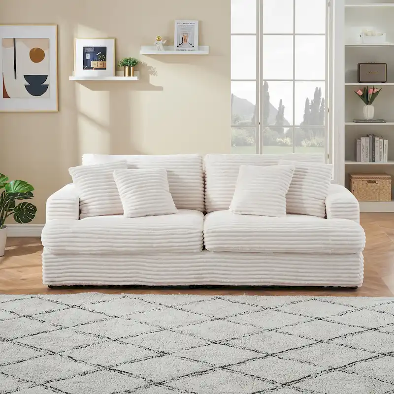 3-Seat Corduroy Sofa with Spring Cushions and 4 Toss Pillows – Pink / Gray / White, 3-Person Use