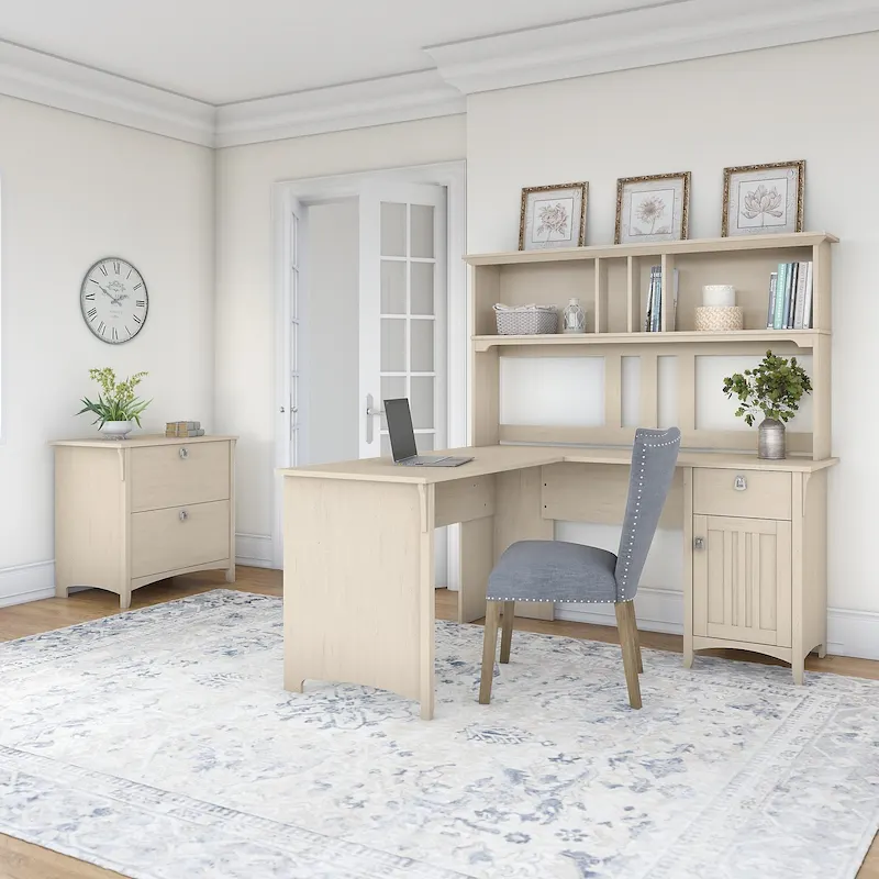 Antique White L-Shaped Desk Suite with Hutch & File Cabinet – 1 Person
