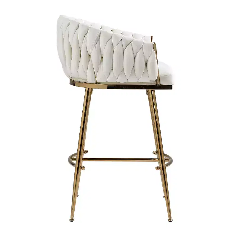 26 Inch Counter Height Bar Stool, Velvet Kitchen Island Stool with Wave Back, Gold Chrome Base and Footrest, Beige