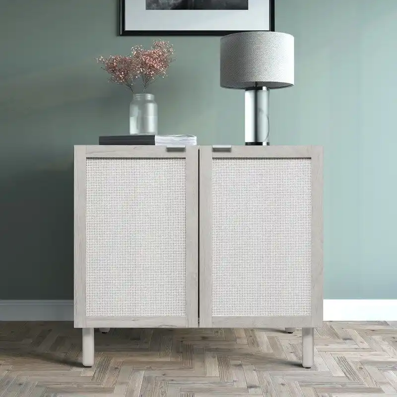 2-Door Rattan Cabinet with Cylindrical Wood Legs & Adjustable Shelf – Sand