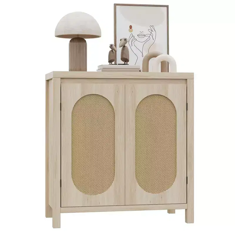 Wood Coffee Bar Cupboard Console Table with Doors and Shelves,2-Door Rattan Storage Cabinet for Hallway, Entry, Living Room