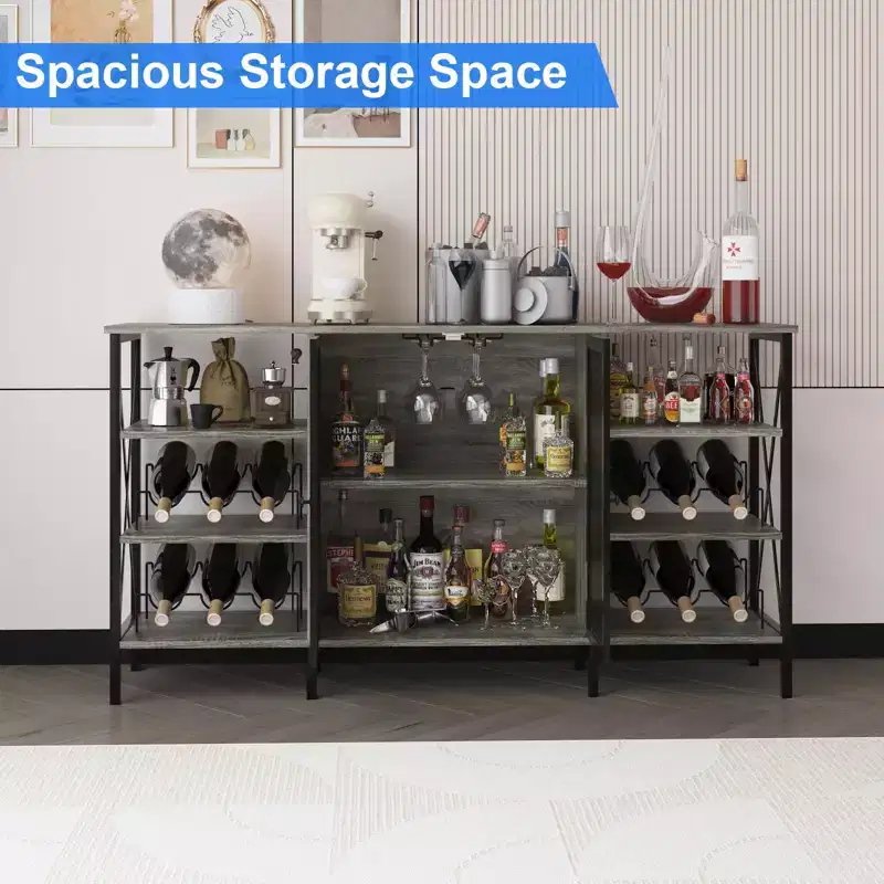 Farmhouse Wine Bar Cabinet, Industrial Coffee Bar Sideboard with Wine Rack and Glass Holder