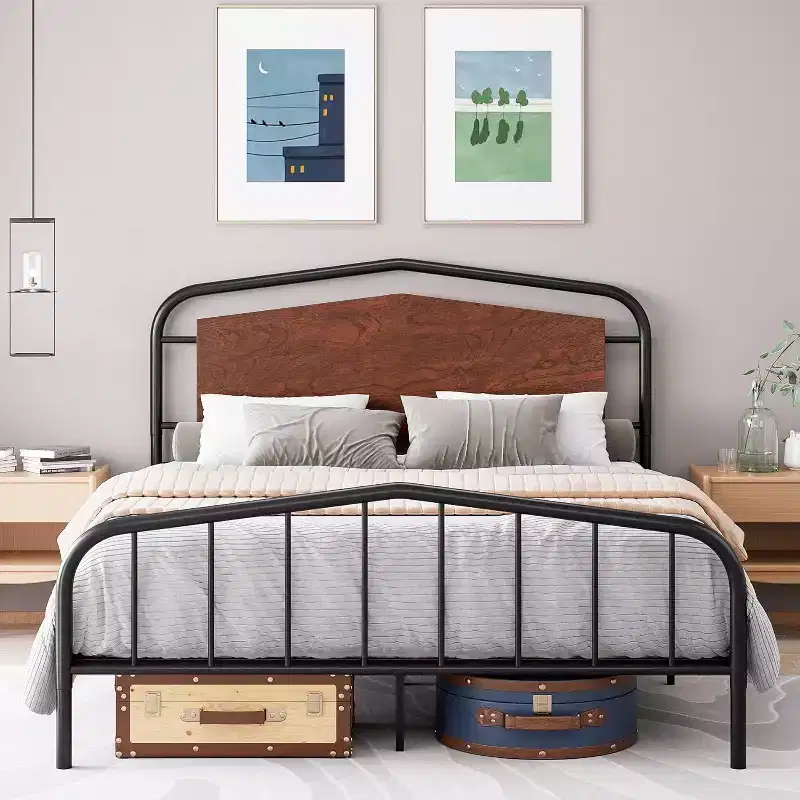 Full Size Platform Bed Frame – Black Metal & Walnut Wood Grain, For 1 Person