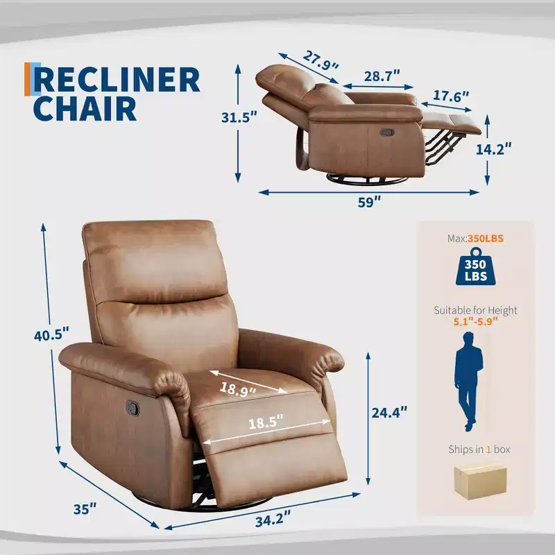 COZONY Manual Recliner Chair, Swivel Rocker with Padded Armrests, Modern Upholstered Reclining Chair for Living Room, Nursery, Bedroom