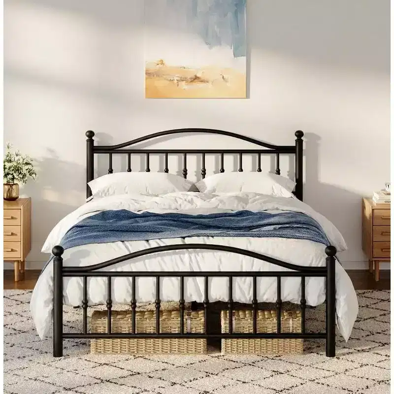 Metal Platform Bed Frame – Vintage Circular Headboard & Footboard, Under-Bed Storage