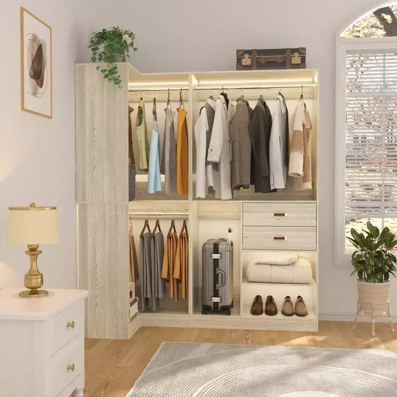 71-Inch Freestanding Corner Closet Organizer System with Wood Drawers and Hanging Rods