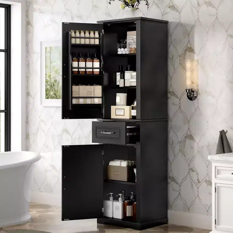 Tall Bathroom Storage Cabinet Freestanding Storage Cabinet with Two Different Size Doors and Adjustable Shelf Door