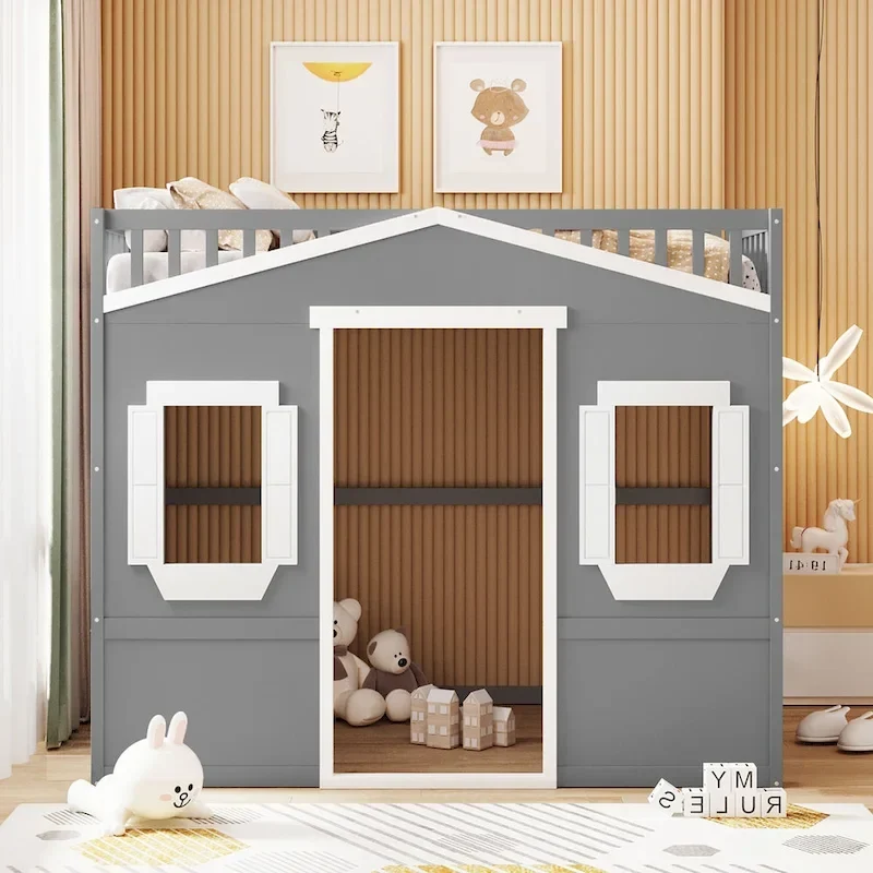 House Loft Bed With Ladder-Gray+White Frame
