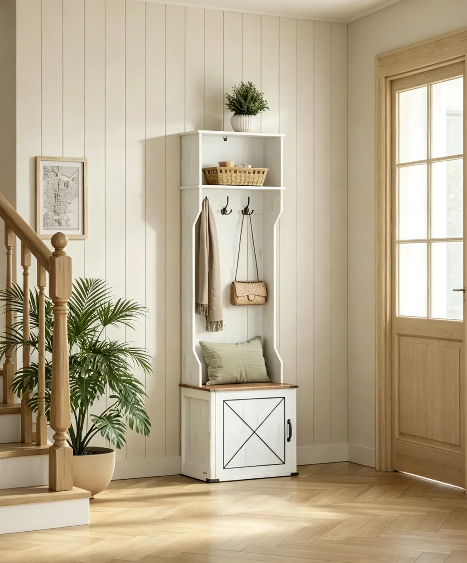 Hall Tree with Bench and Shoe Storage, Coat Rack with Shoe Bench, Entryway Furniture, 3 Tri-Hooks, Door with Handle, Rustic White