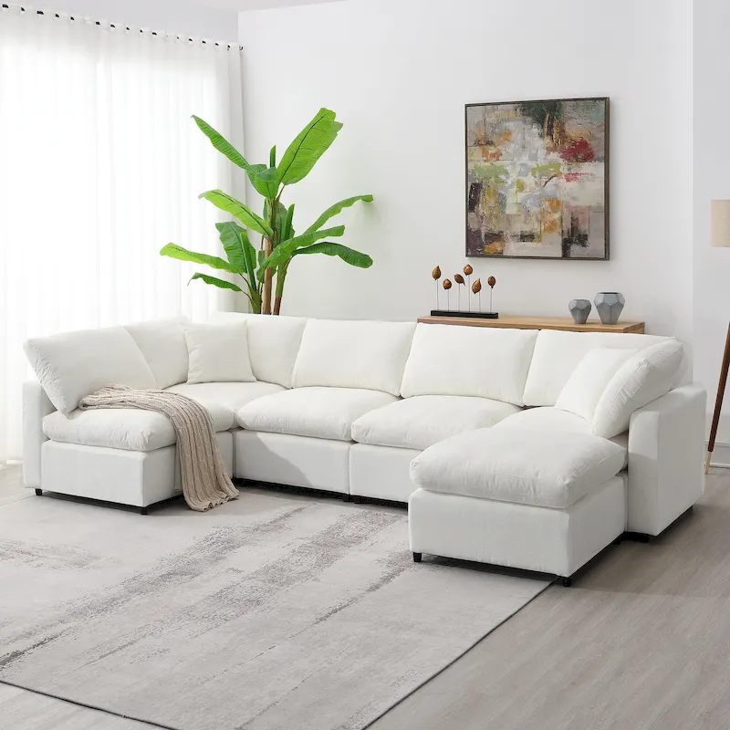 6 Seat Modern Modular Cloud Sofa Bed Chenille Sectional Couch Set with Ottoman